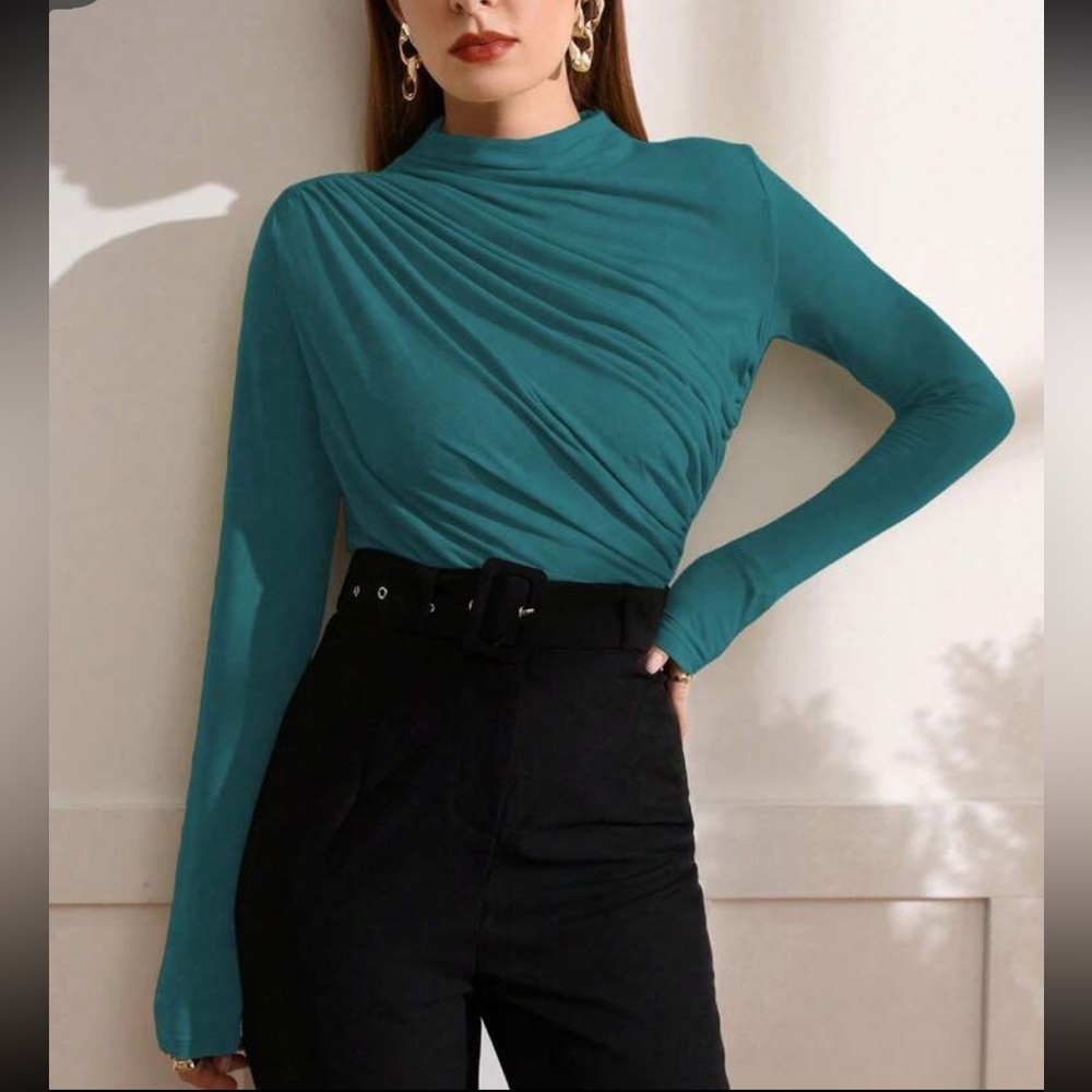 Elegant Classy Work Office Long Sleeve Ruched Top Blouse - Picture 7 of 8